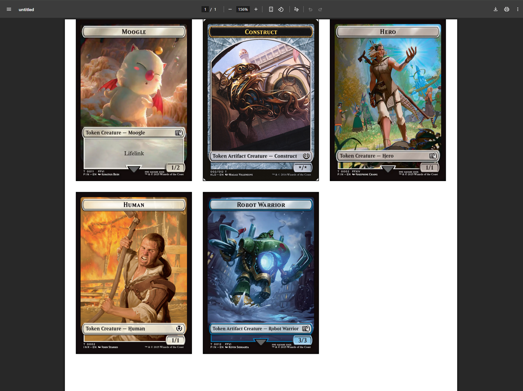 A screenshot of various Magic: the Gathering tokens laid out on a PDF.