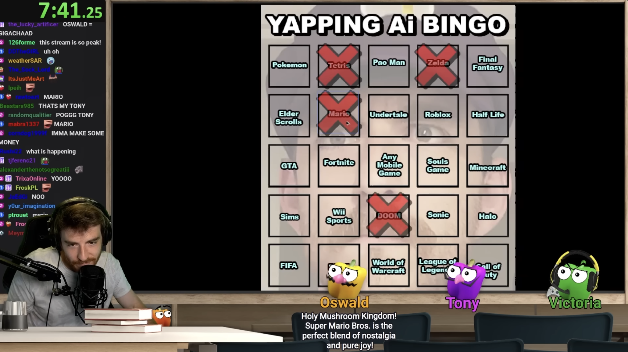 A screenshot of a video uploaded by DougDoug, featuring a bingo board and three characters talking.