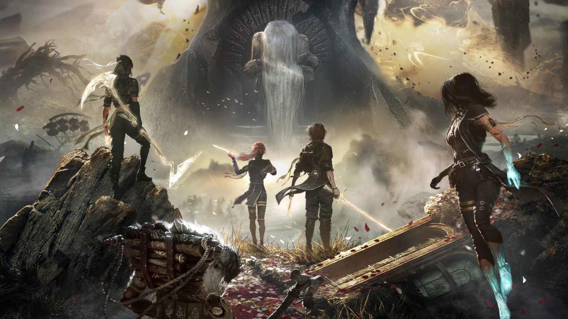 A graphic of the cast of Clair Obscur: Expedition 33, facing away from the camera with their weapons drawn.